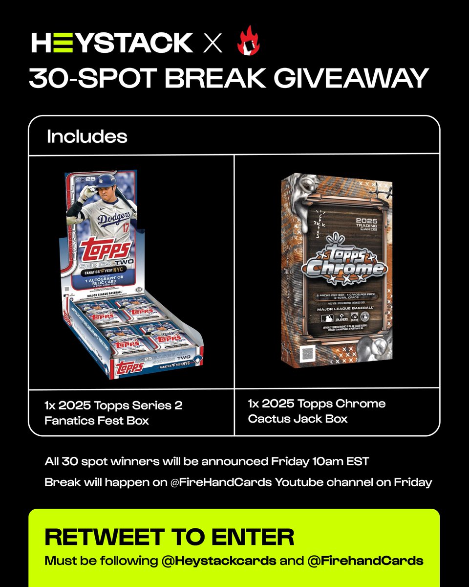 Heystack (@heystackcards) on Twitter photo Who doesn't love 🆓 stuff??????
Here's what we're GIVING AWAY with help from our friends <a href="/FireHandCards/">FireHand Cards</a> 👇
1x 2025 Topps Series 2 Fanatics Fest Box
1x 2025 Topps Chrome Cactus Jack Box
BUT! We love breaking - so we're giving away the boxes in the form of 30 break spots (each Who doesn't love 🆓 stuff??????
Here's what we're GIVING AWAY with help from our friends <a href="/FireHandCards/">FireHand Cards</a> 👇
1x 2025 Topps Series 2 Fanatics Fest Box
1x 2025 Topps Chrome Cactus Jack Box
BUT! We love breaking - so we're giving away the boxes in the form of 30 break spots (each