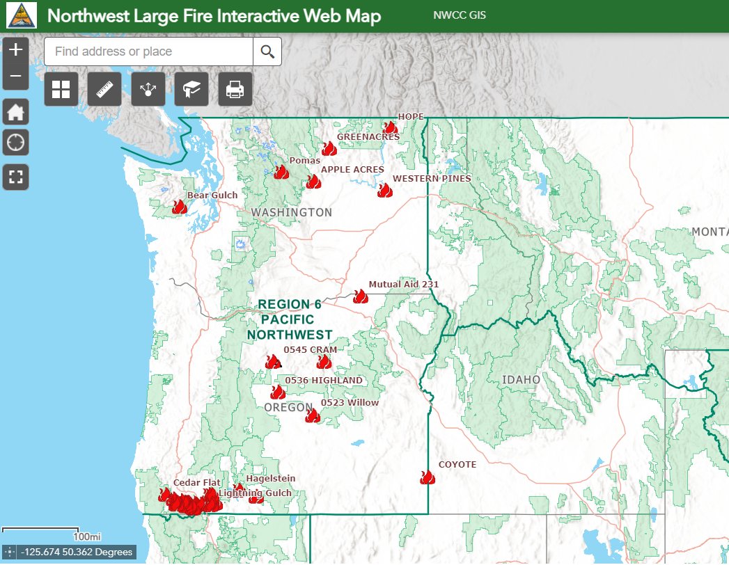 There are now 15 large wildfires affecting more than 52,000 acres in the Pacific Northwest.

Nine of the large fires are in Oregon and six are in Washington. About 4,425 firefighters and support personnel are assigned to these large fires. 🔥🧵