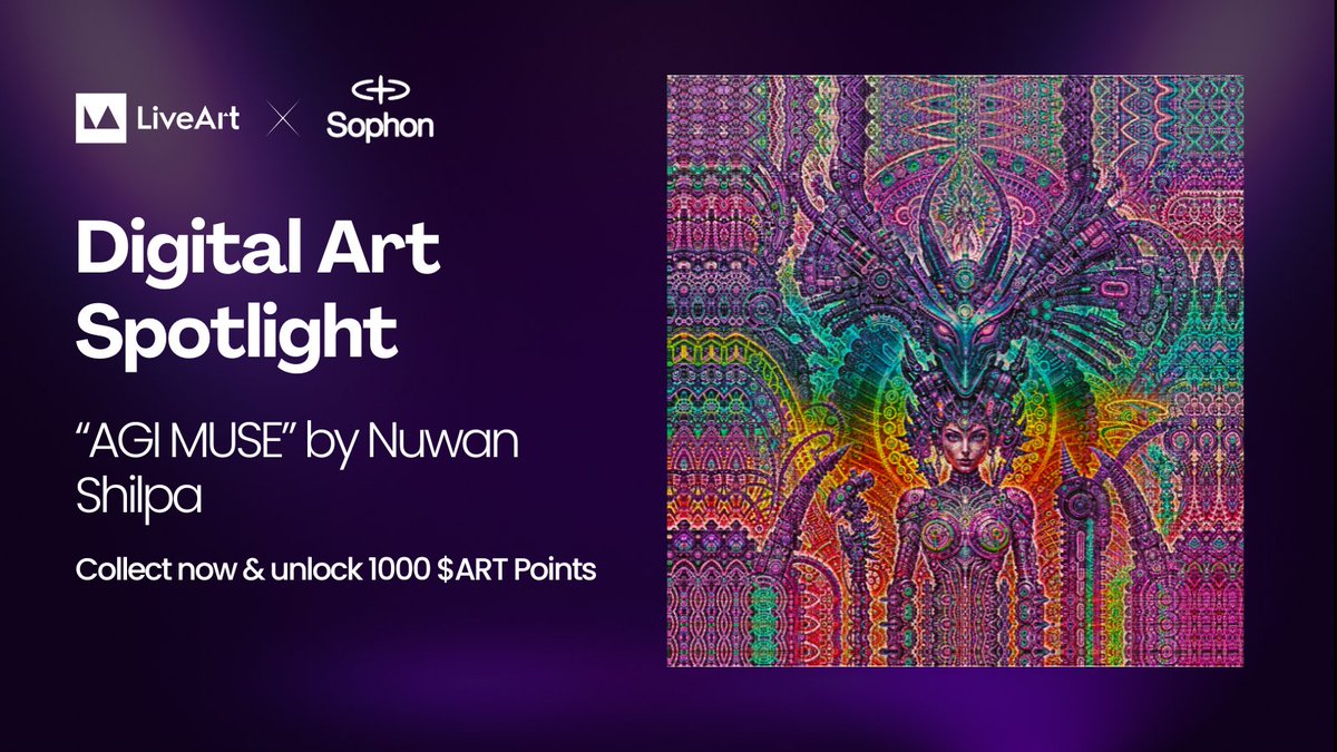 LiveArtX's tweet image. 🔦 Digital Art Spotlight @sophon
This week we spotlight AGI MUSE by @nuwanshilpa, a visionary artist whose work blends traditional techniques with generative art processes
AGI MUSE is a meditation on perception, and the evolving relationship between consciousness and…