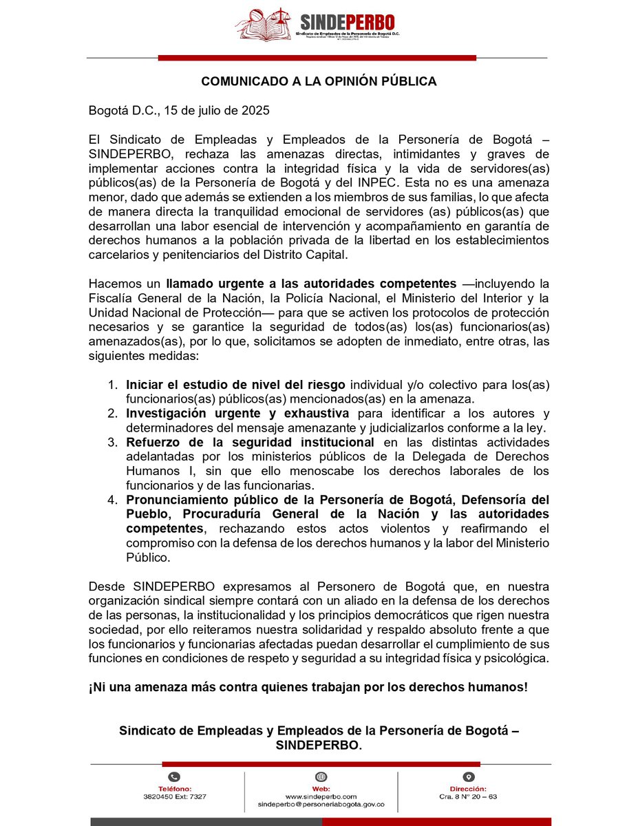 sindeperbo's tweet photo. Rechazamos las amenazas directas, intimidantes y graves contra la integridad física y la vida de servidores(as) públicos(as) de la @personeriabta y del @INPEC_Colombia https://t.co/U3Npxejk2O