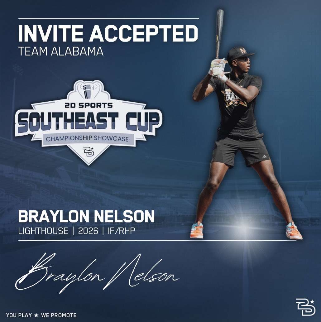 2D Sports Alabama (@2dsportsal) on Twitter photo Invite accepted β
β26 Braylon Nelson (<a href="/BraylonNelson77/">Braylon Nelson</a>) is locked in to represent Team Alabama at this yearβs Southeast Cup π₯
π
August 1st-3rd.
π Lafayette, LA.
2026-2028 Grads (Roster is full. Looking for one more pitcher.)
2029-2030 Grads (Jr Southeast Cup)
REQUEST Invite accepted β
β26 Braylon Nelson (<a href="/BraylonNelson77/">Braylon Nelson</a>) is locked in to represent Team Alabama at this yearβs Southeast Cup π₯
π
August 1st-3rd.
π Lafayette, LA.
2026-2028 Grads (Roster is full. Looking for one more pitcher.)
2029-2030 Grads (Jr Southeast Cup)
REQUEST