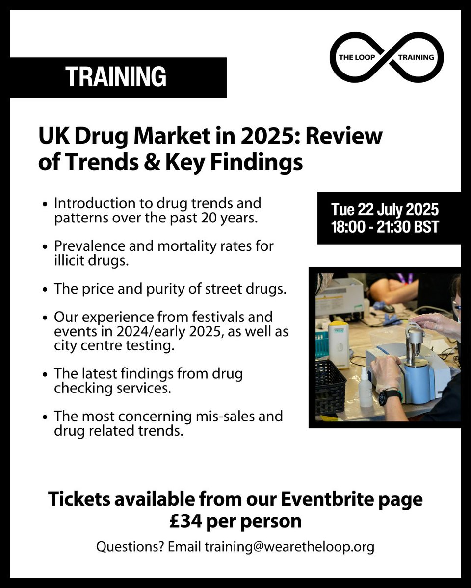 Stay ahead of the latest drug trends in 2025. 
Join The Loop’s online evening training on the UK drug market - mis-sales, purity, synthetic opioids &amp; more.

📅 22 July 2025
🕧 18:30 - 21:30

Sign up now 👉 eventbrite.co.uk/e/uk-drug-mark…

#DrugChecking #DrugTesting #HarmReduction
