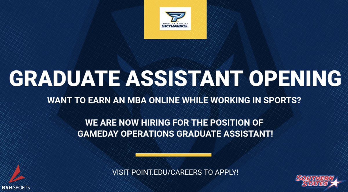 PointSkyhawks's tweet image. 🚨Want to earn an MBA online while working in sports? We’re #hiring a GameDay Operations Graduate Assistant! If you'd like to apply, please visit point.edu/careers
Feel free to reach out with any questions! Go @PointSkyhawks! #TogetherWeFly