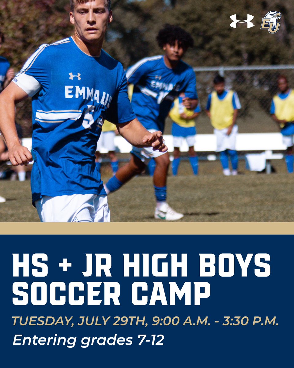 🚨Players in grades 7–12!🚨

Join us Tuesday, July 29 from 9:00 AM–3:30 PM for a full day of training &amp; competition at Emmaus! 💪🔥

Develop your skills and experience what it’s like to be an Eagle! 🦅

Register now at [emmausathletics.com/camps/Soccer-S… ]

#FaithFutbolFuture
#EagleImpact
