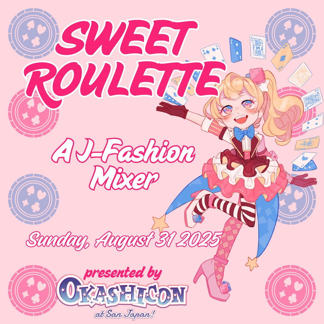 Okashicon presents "Sweet Roulette" a one of a kind J-Fashion mixer!
okashicon.com/events/j-fashi… on sale at 9pm July 15th
Join us for food, friends, games and the chance to mingle with our Japanese fashion guests. Tickets are limited!