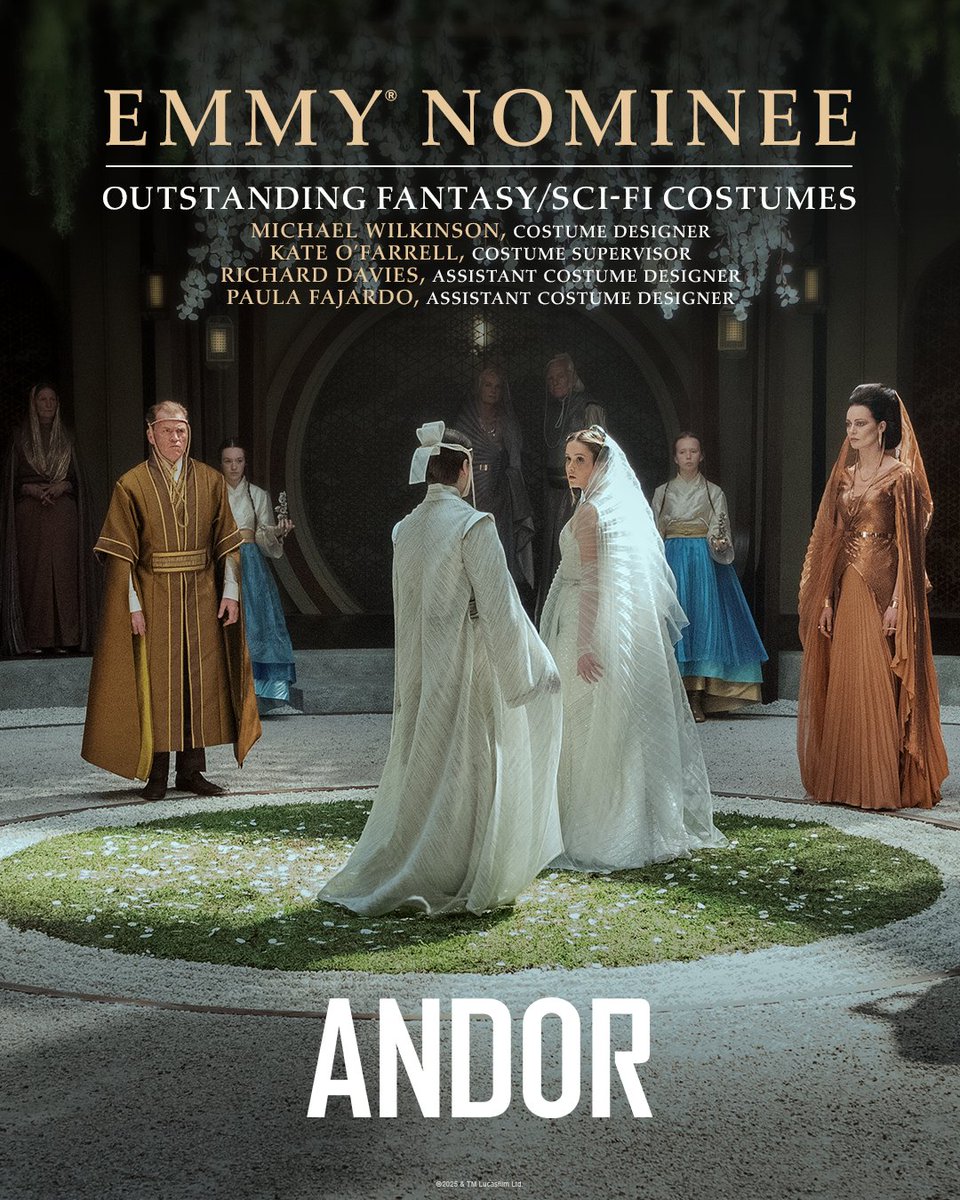 andorofficial's tweet image. Congratulations to ANDOR's Costume Designer Michael Wilkinson, Costume Supervisor Kate O’Farrell, Assistant Costume Designer Richard Davies, and Assistant Costume Designer Paula Fajardo for their Emmy® nomination for Outstanding Fantasy/Sci-fi Costumes. #Emmys