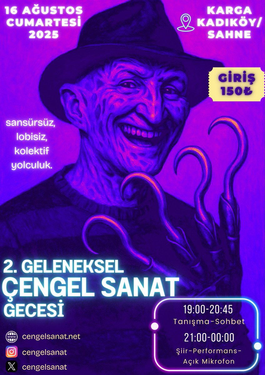 duyduk,duymadık demeyin!türkiye'nin,ortadoğu'nun ve jüpiter'in tek #sansürsüz #lobisiz #kolektif sanat topluluğu,çengel sanat sakinleri ve huzursuzları;16 ağustos cumartesi saat 19:00-00:00 arasında karga kadıköy'de bir araya geliyor! edebiyatın tüm delileri davetlidir
<a href="/kargabar/">Karga</a>