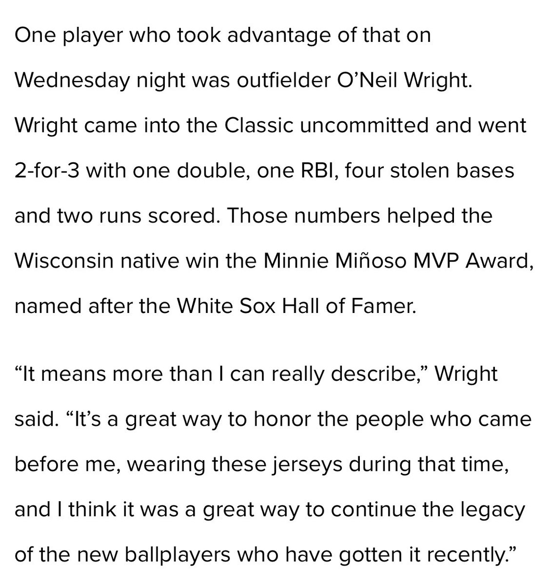 ONeil Wright (@oneilwright5) on Twitter photo Blessed to be named the Double Duty Classic MVP!!! Thank you <a href="/whitesox/">Chicago White Sox</a> <a href="/soxcharities/">White Sox Charities</a> for this amazing opportunity. <a href="/PrepBaseballWI/">Prep Baseball Wisconsin</a> <a href="/FlatgroundBats/">FLATGROUND Hitting</a> <a href="/hittersbaseba11/">Hitters Baseball</a> Blessed to be named the Double Duty Classic MVP!!! Thank you <a href="/whitesox/">Chicago White Sox</a> <a href="/soxcharities/">White Sox Charities</a> for this amazing opportunity. <a href="/PrepBaseballWI/">Prep Baseball Wisconsin</a> <a href="/FlatgroundBats/">FLATGROUND Hitting</a> <a href="/hittersbaseba11/">Hitters Baseball</a>