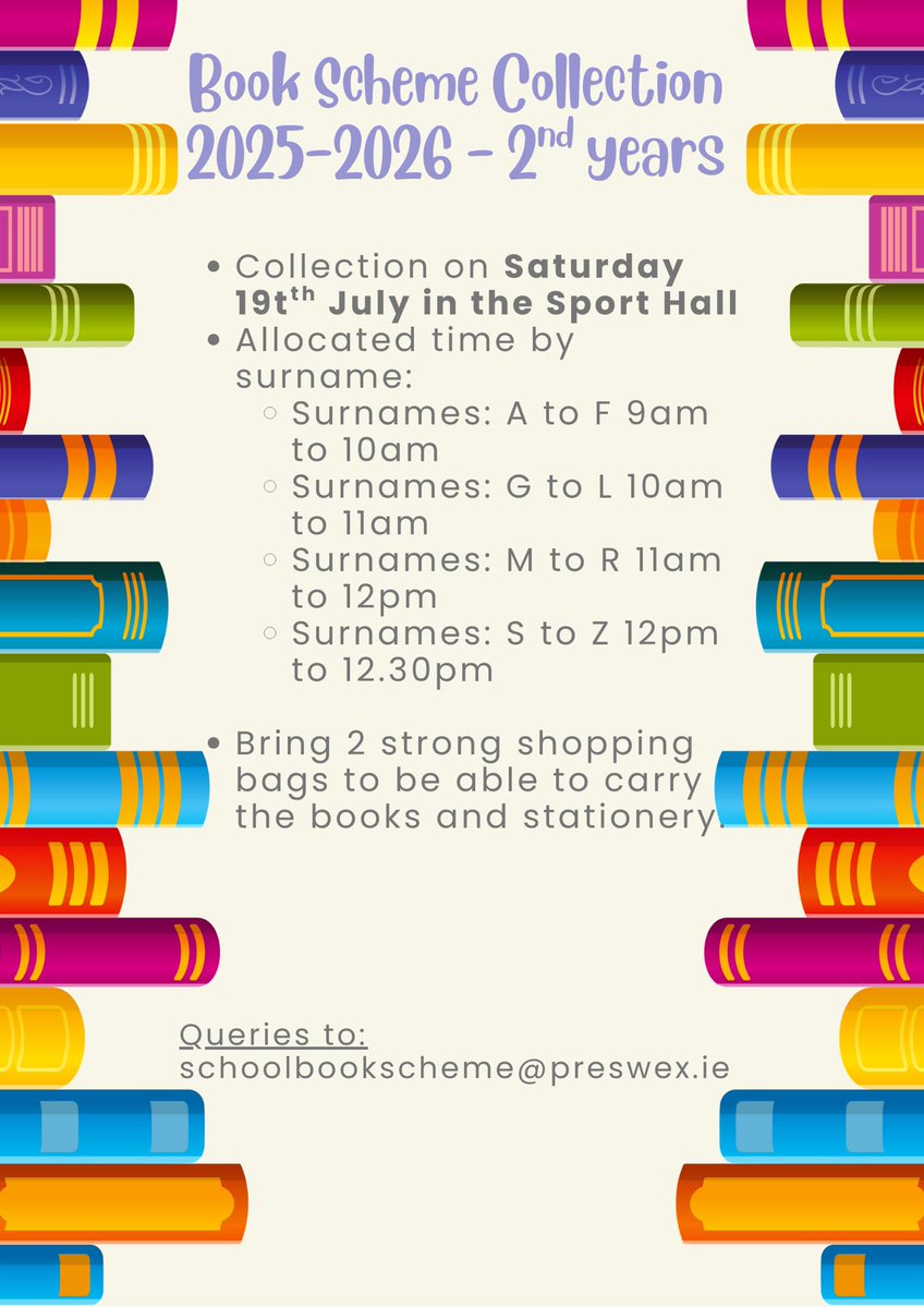 Presentation Secondary School, Wexford (@preswex) on Twitter photo Important information for book/stationery collection
Books and stationery will be available as per day and time below. Please keep to your allocated time. If you cannot make it, please email: schoolbookscheme@preswex.ie Important information for book/stationery collection
Books and stationery will be available as per day and time below. Please keep to your allocated time. If you cannot make it, please email: schoolbookscheme@preswex.ie