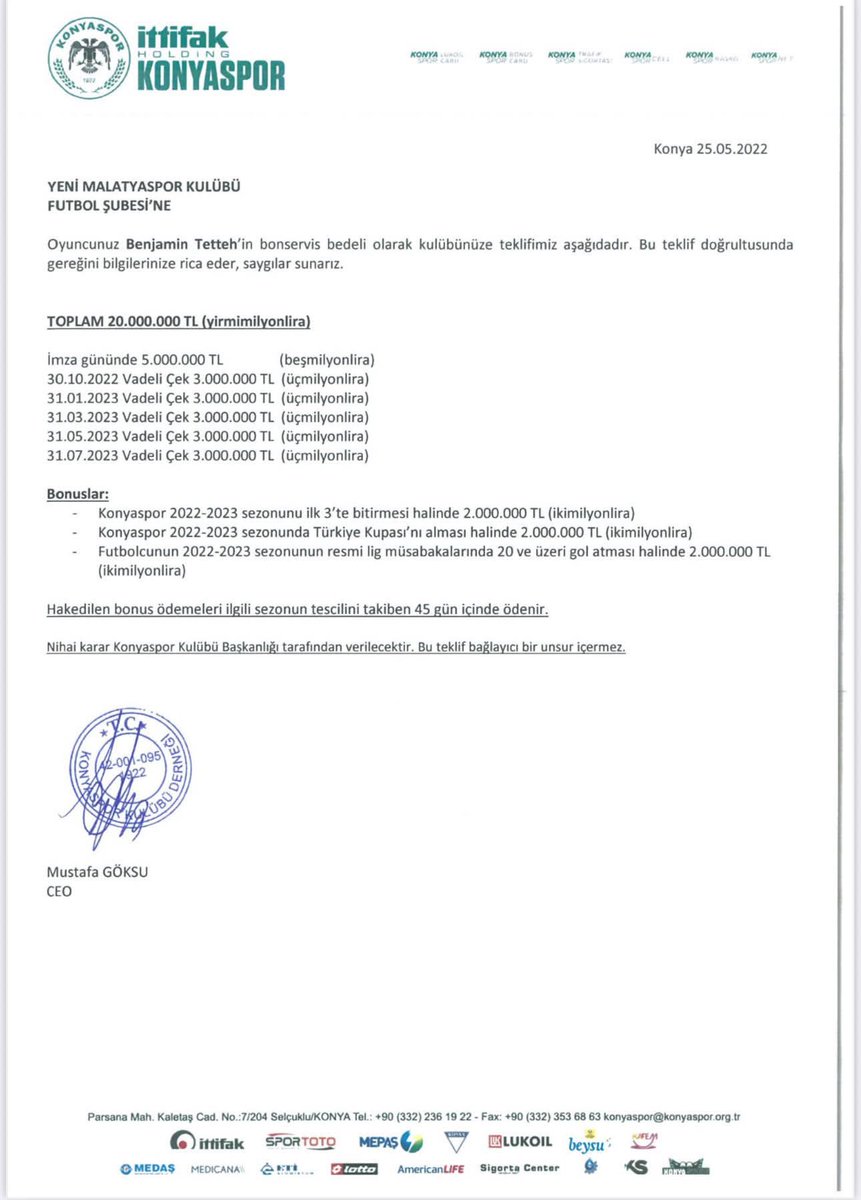 Acun Ilıcalı;

Yeni Malatyaspor’un 3,5 milyon €’ya transfer ettiği Benjamin Tetteh’i, Hull City’ye nasıl bedelsiz aldın?

Konyaspor’un (yalnızca 1 ay önce 25.05.2022’de 1.670.000 € resmi teklifine rağmen) bu oyuncu neden Konyaspor’a satılmak yerine sana bedelsiz verildi?