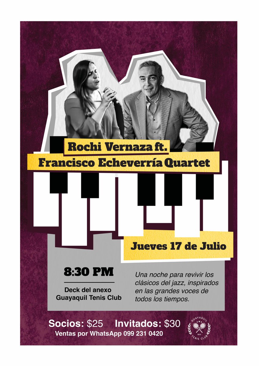 Hey amigos! Este jueves estaremos acompañando a la espectacular Rochi Vernaza. No se pueden perder este concierto lleno de Jazz y algunas sorpresas! Los esperamos!!! 

📅 Fecha: Jueves, 17 de Julio 
🕣 Hora: 20:30
📌 Lugar: Deck del Guayaquil Tenis Club de Samborondón.