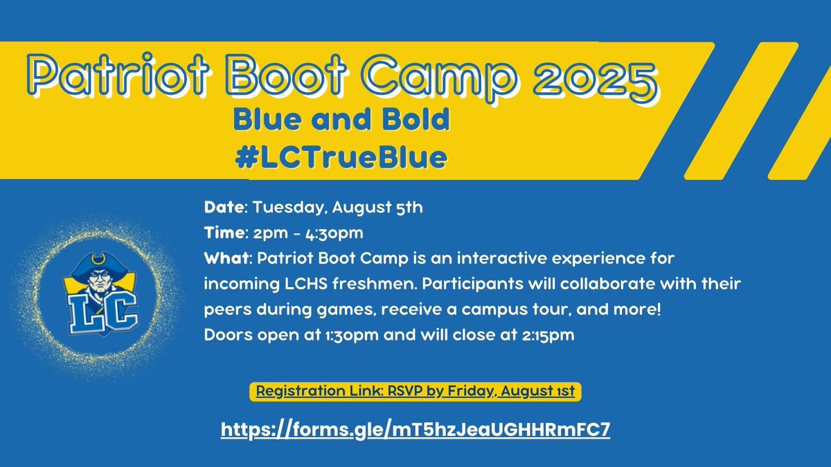 🚨🚨Class of 2029 🚨🚨 Are you ready to come see what being a Patriot is all about?! Sign up today to join us for Freshmen Patriot Boot Camp on Aug 5!! #WeAreLC