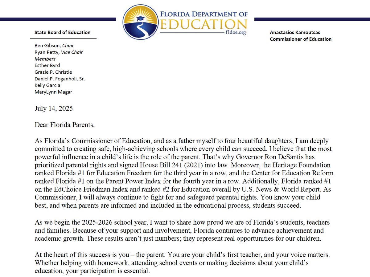 JeanneAllen's tweet image. A note to every Florida parent - no matter where their kids go to school - honoring their role and pledging their support. This was our goal when we started @edreform - to help replace the Blob with the Best education can offer. Extraordinary. Well done @GovRonDeSantis and…