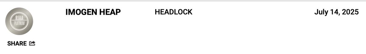 Congrats to <a href="/imogenheap/">Imogen Heap</a> on "Headlock" getting <a href="/RIAA/">RIAA</a> certified #platinum!