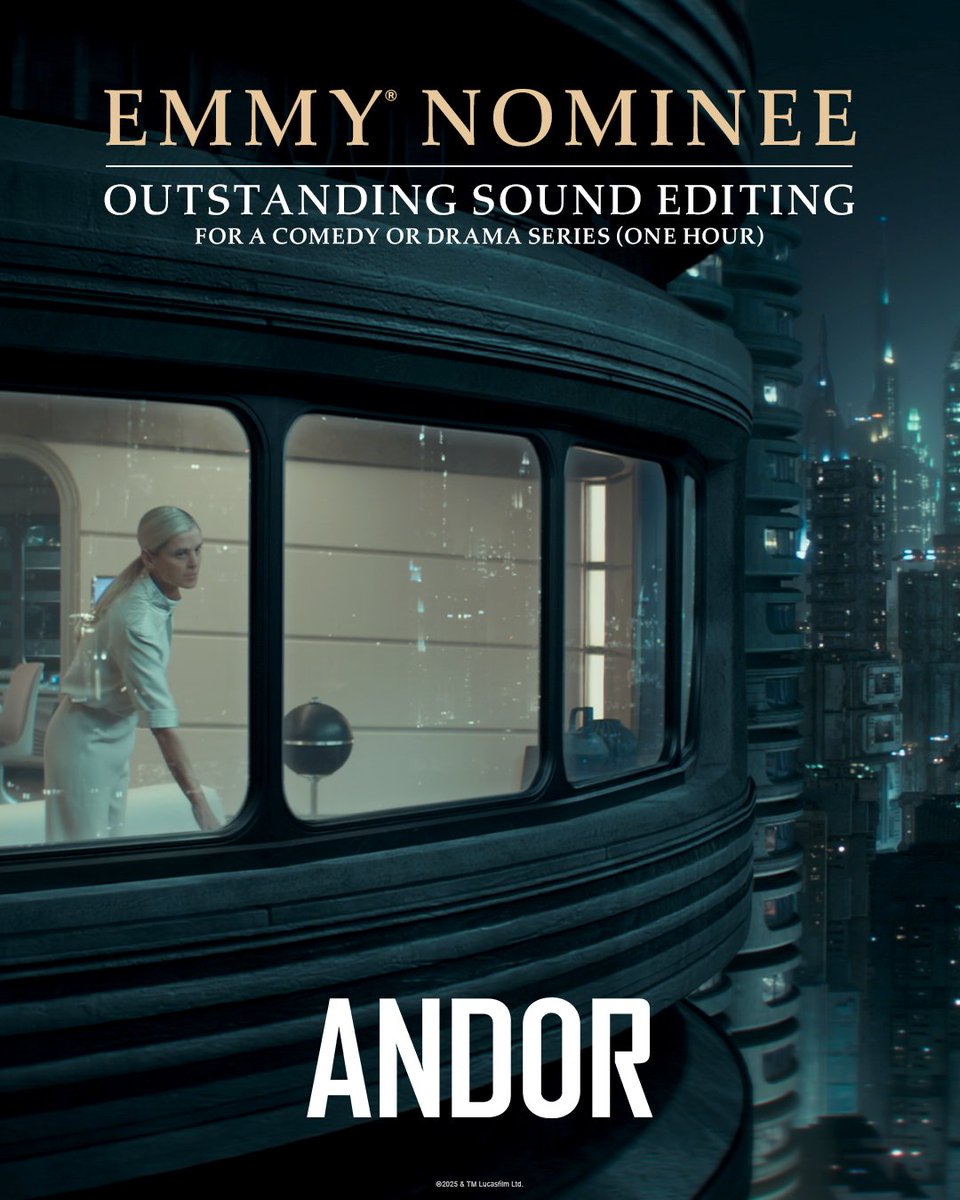 andorofficial's tweet image. Congratulations to the sound editing team of ANDOR on their Emmy® nomination for Sound Editing For a Comedy or Drama Series (One Hour). #Emmys