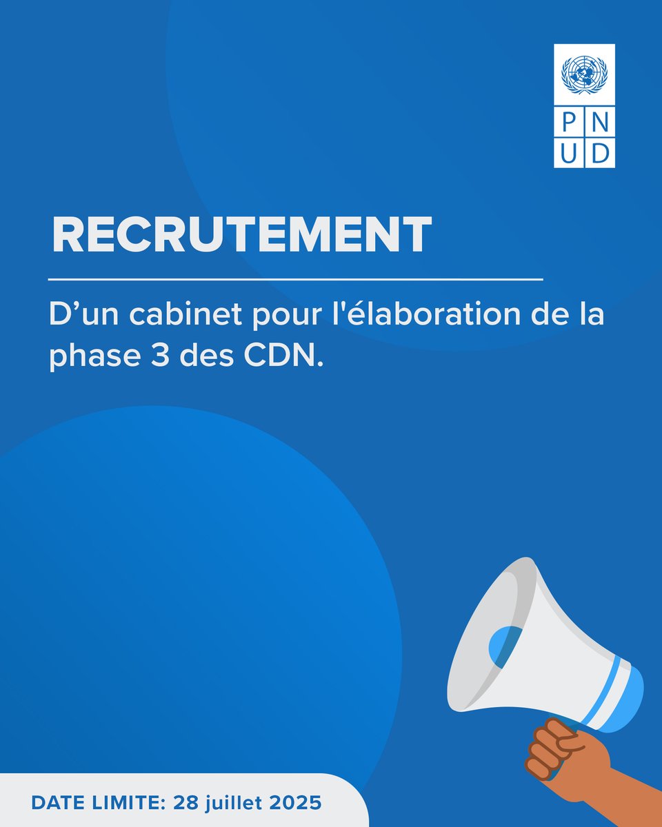 PNUDMALI's tweet image. Le PNUD MALI recrute un cabinet pour l'élaboration de la phase 3 des CDN.
Lieu 📌: Bamako, Mali
Date limite 📅: 28 juillet 2025
Postulez ici 👉: procurement-notices.undp.org/view_negotiati…
Les candidatures féminines ainsi que celles des personnes en situation de handicap sont vivement encouragées.