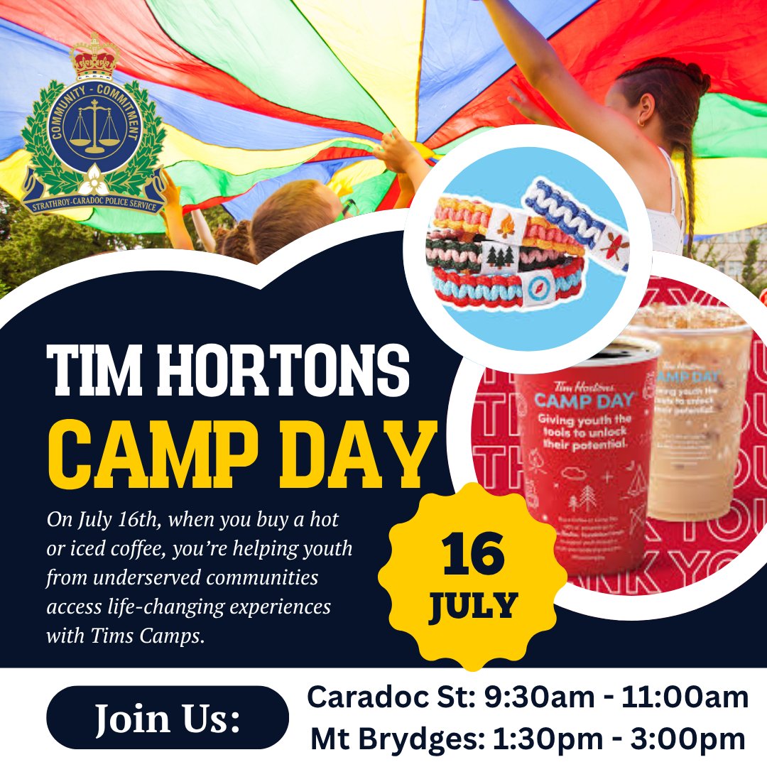 🚨☕ CAMP DAY with SCPS! ☕🚨

Join us July 16 to help send kids to camp!

🕤 9:30–11:00AM @ Tims, 425 Caradoc St S, Strathroy
🕚 11:15–12:30PM @ Tims, 22542 Adelaide Rd, Mt. Brydges

Donate, say hi &amp; make a difference—one cup at a time! 💛⛺
#CampDay #SCPS #CoffeeForACause