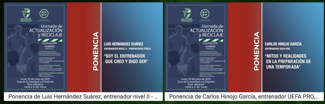 📒 Entrenadores 𝗥𝗙𝗔𝗙

📋I Jornada de actualización en Almería

🗣️Juan Carlos Cintas, entrenador UEFA Pro
🗣️José Antonio Sánchez, árbitro 2º División
🗣️Luis Hernández, entrenador nivel II y preparador físico
🗣️Carlos Hinojo, entrenador UEFA Pro

📺 En Novedades de #RFAFtv