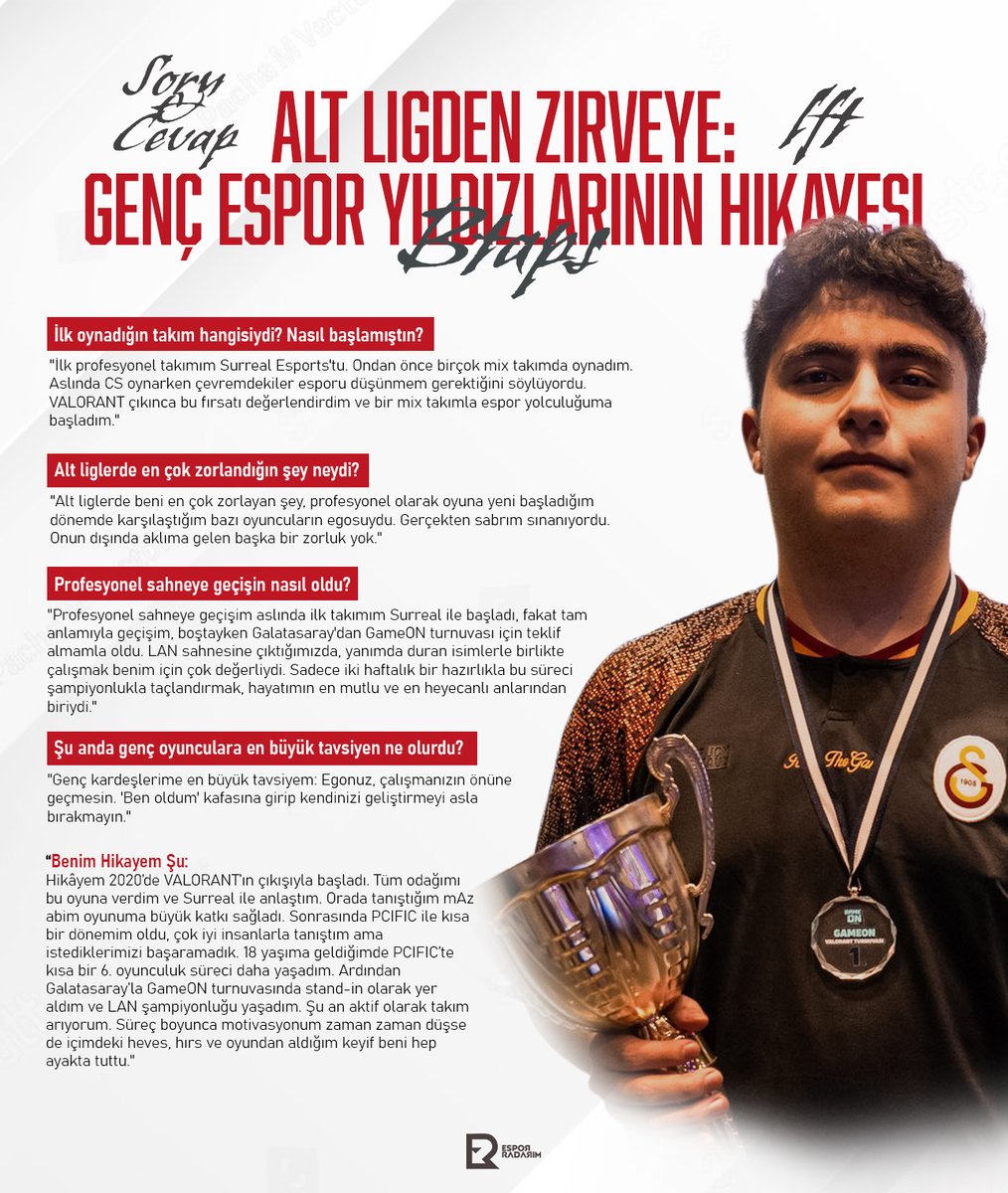 🎯 “Alt Liglerden Zirveye: Btaps’in Yolculuğu” 🎯

Bu kez konuğumuz; azmi, disiplini ve hırsıyla öne çıkan genç yetenek Btaps! 🏆

🎙️ İlk mix takımından Surreal Esports'a, oradan da profesyonel sahneye uzanan bu yolculukta yaşadıklarını, karşılaştığı zorlukları ve en büyük