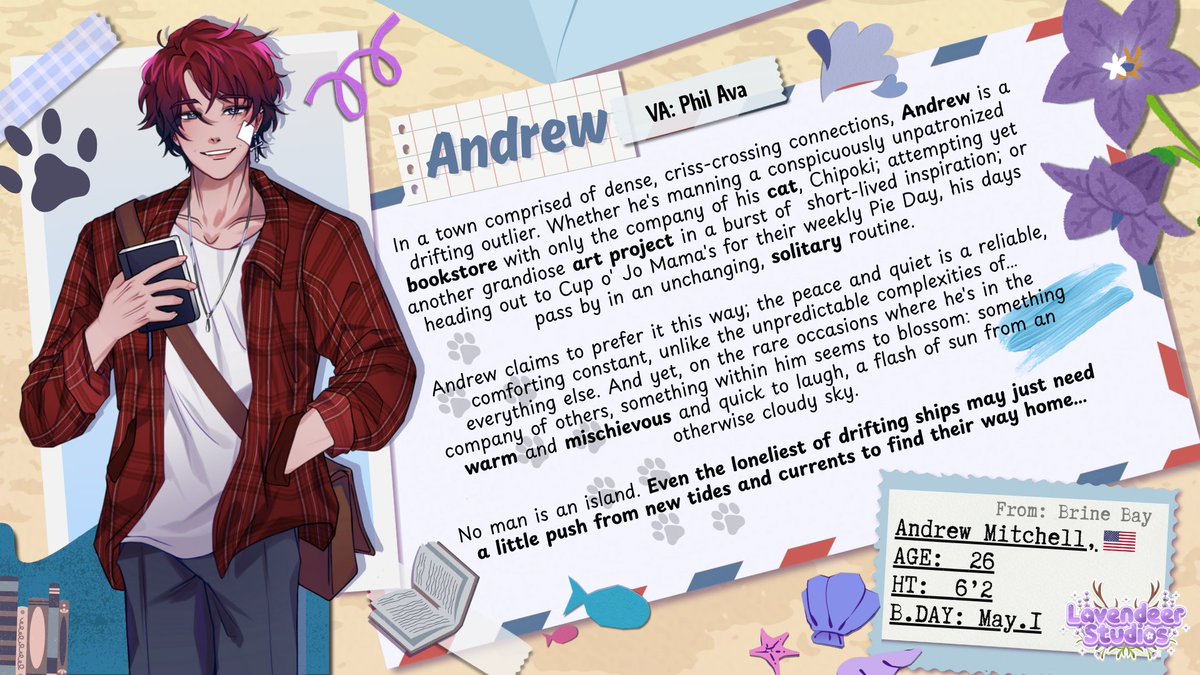 LavendeerStudio's tweet image. 📚Character Introduction🎨
Meet Andrew, Brine Bay’s bookstore clerk! Between unfinished art projects and long shifts at an almost customer-less bookstore (accompanied only by his cat, Chipoki), Andrew’s routine is quiet, solitary… and exactly how he likes it. Or so he says.…