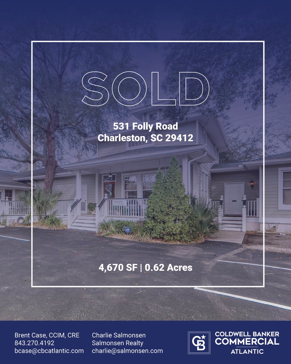 Charleston, SC, Brent Case, CCIM, CRE of CBCAtlantic and Charlie Salmonsen of Salmonsen Realty successfully represented the seller, Banana Tree, LLC, in the sale of a 4,670-square-foot office property located at 531 Folly Road in Charleston, South Carolina.