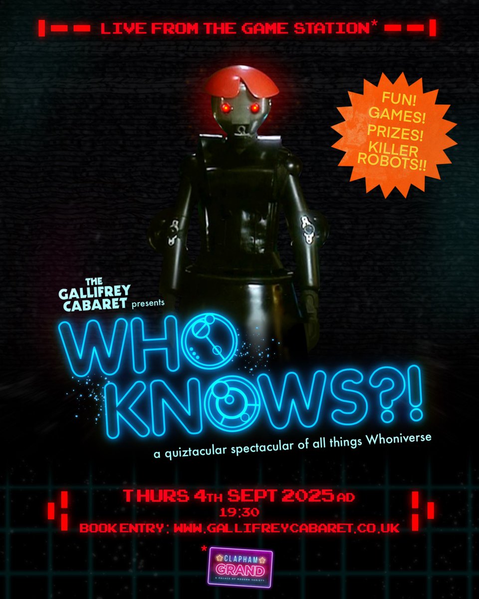 gallycab's tweet image. IT'S BACK.
from Alpha Centauri to Zygor, we'll tease your brains on all things Who -- with official adjudication by the Anne Droid... 🤖⚡️
assemble your best TARDIS team and prepare for battle at the greatest quiz-show in Time + Space!!
*TIX LIVE NOW*
🔗 below/in bio x