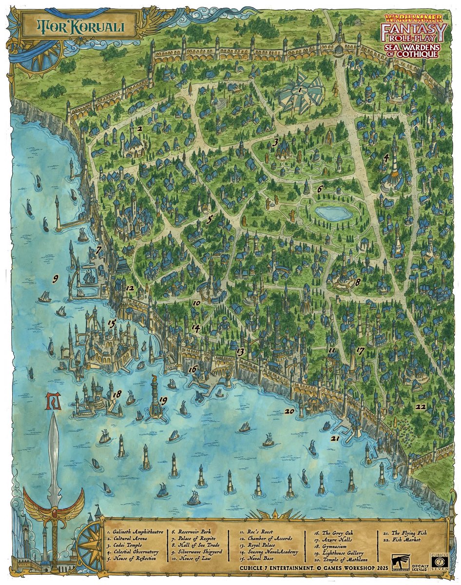MapsPaissan's tweet image. Last week, the new Warhammer Fantasy RPG book, Sea Wardens of Cothique, was released. Inside, you can find some of the maps Angela and I created for this fantastic book, entirely dedicated to the elven kingdoms! Below you can find the large map of the city of Tor Koruali. 🧭🗺️❤️