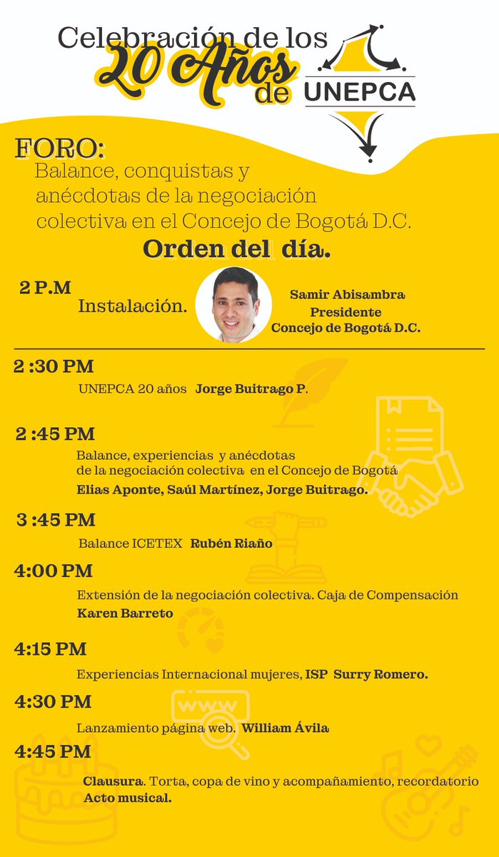 Hoy a partir de las 2pm tendrá lugar el Foro convocado por @unepca y el <a href="/ConcejoDeBogota/">Concejo de Bogotá</a> La instalación del evento estará a cargo de <a href="/samirabisambra/">Samir Abisambra</a> presidente del Cabildo distrital. Balance, conquistas y anécdotas de la negociación colectiva en el Concejo de Bta. <a href="/CaracolRadio/">Caracol Radio</a>