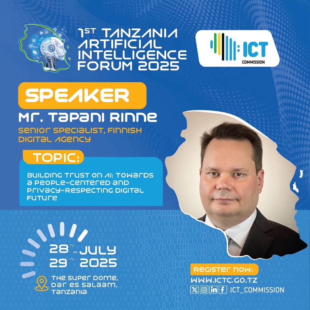 We’re honored to host Mr. Tapani Rinne, a Senior Specialist from Finnish Digital Agency at #TanzaniaAIForum2025! He’ll share insights on “Building Trust on AI: Towards People-Centered, Privacy-Respecting Digital Future.”

👉 REGISTER: ictc.go.tz