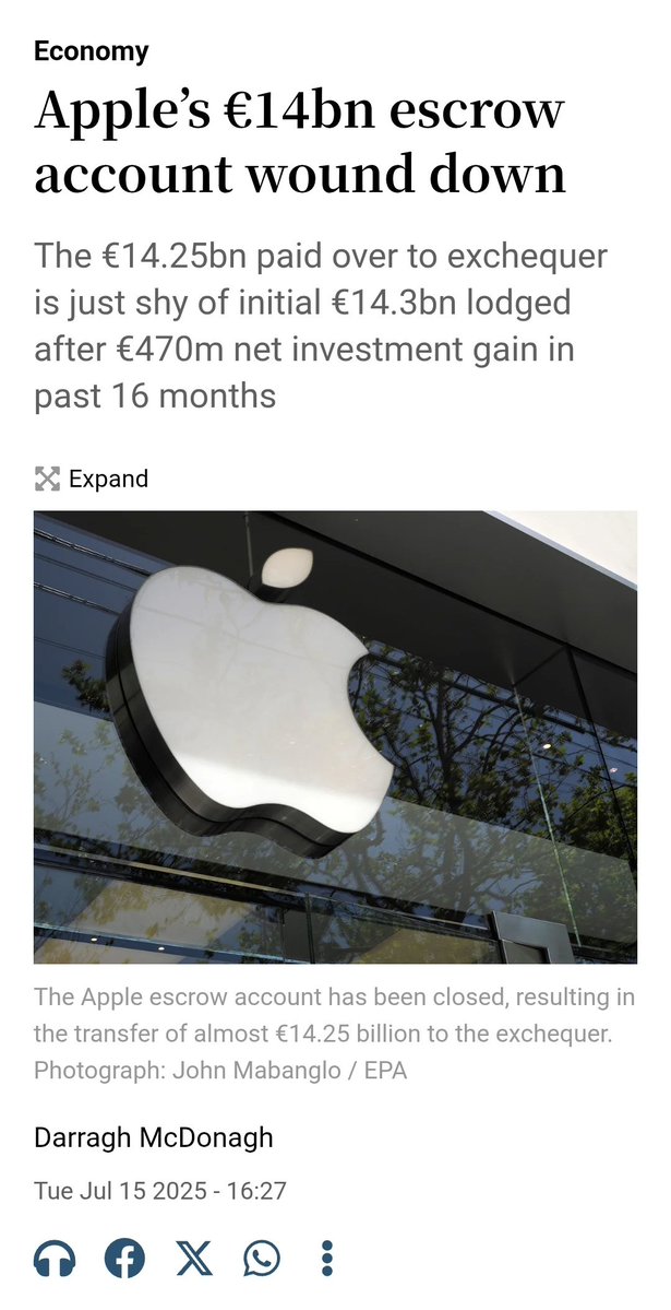 Mick Caul (@caulmick) on Twitter photo You owe the public an apology <a href="/LeoVaradkar/">Leo Varadkar</a>, it was you who got it all wrong about the Apple case. Why didn't you want us to get the money that was owed to us?
Theย Appleย escrow account has been closed, resulting in the transfer of almost โฌ14.25 billion to the exchequer, the You owe the public an apology <a href="/LeoVaradkar/">Leo Varadkar</a>, it was you who got it all wrong about the Apple case. Why didn't you want us to get the money that was owed to us?
Theย Appleย escrow account has been closed, resulting in the transfer of almost โฌ14.25 billion to the exchequer, the