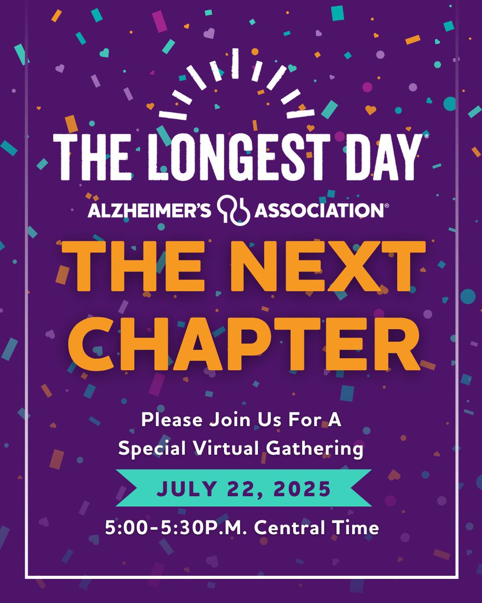 Alzheimer's Association Greater Indiana Chapter (@alzindiana) on Twitter photo Something exciting is coming👀
Be part of The Longest Day: The Next Chapter Party — a celebration of impact. Join us virtually OR in-person at the Alzheimer's Association Greater Indiana Chapter on July 22.
💜VIRTUAL: bit.ly/4eHVZuX 
💜IN-PERSON: bit.ly/44TQ9TY Something exciting is coming👀
Be part of The Longest Day: The Next Chapter Party — a celebration of impact. Join us virtually OR in-person at the Alzheimer's Association Greater Indiana Chapter on July 22.
💜VIRTUAL: bit.ly/4eHVZuX 
💜IN-PERSON: bit.ly/44TQ9TY