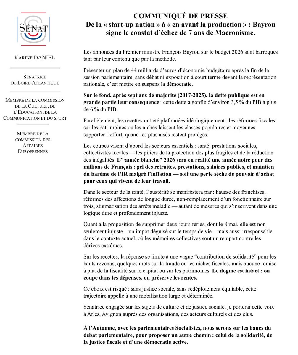Karine Daniel (@karinedaniel44) on Twitter photo Mon communiqué de presse suite aux annonces de François Bayrou #Budget #Rigueur <a href="/fede_ps44/">Fédération de Loire-Atlantique du Parti socialiste</a> <a href="/partisocialiste/">Parti socialiste</a> <a href="/senateursPS/">Sénatrices et sénateurs socialistes 🇪🇺</a> Mon communiqué de presse suite aux annonces de François Bayrou #Budget #Rigueur <a href="/fede_ps44/">Fédération de Loire-Atlantique du Parti socialiste</a> <a href="/partisocialiste/">Parti socialiste</a> <a href="/senateursPS/">Sénatrices et sénateurs socialistes 🇪🇺</a>