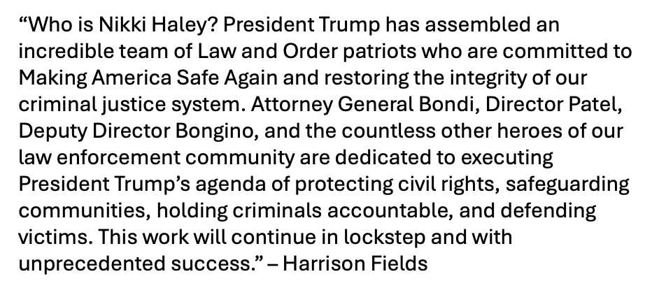 "Who is Nikki Haley?" - WH spox Harrison Fields tells <a href="/politico/">POLITICO</a> in response to Haley's comments calling on the Trump administration to release the Epstein files. More TK