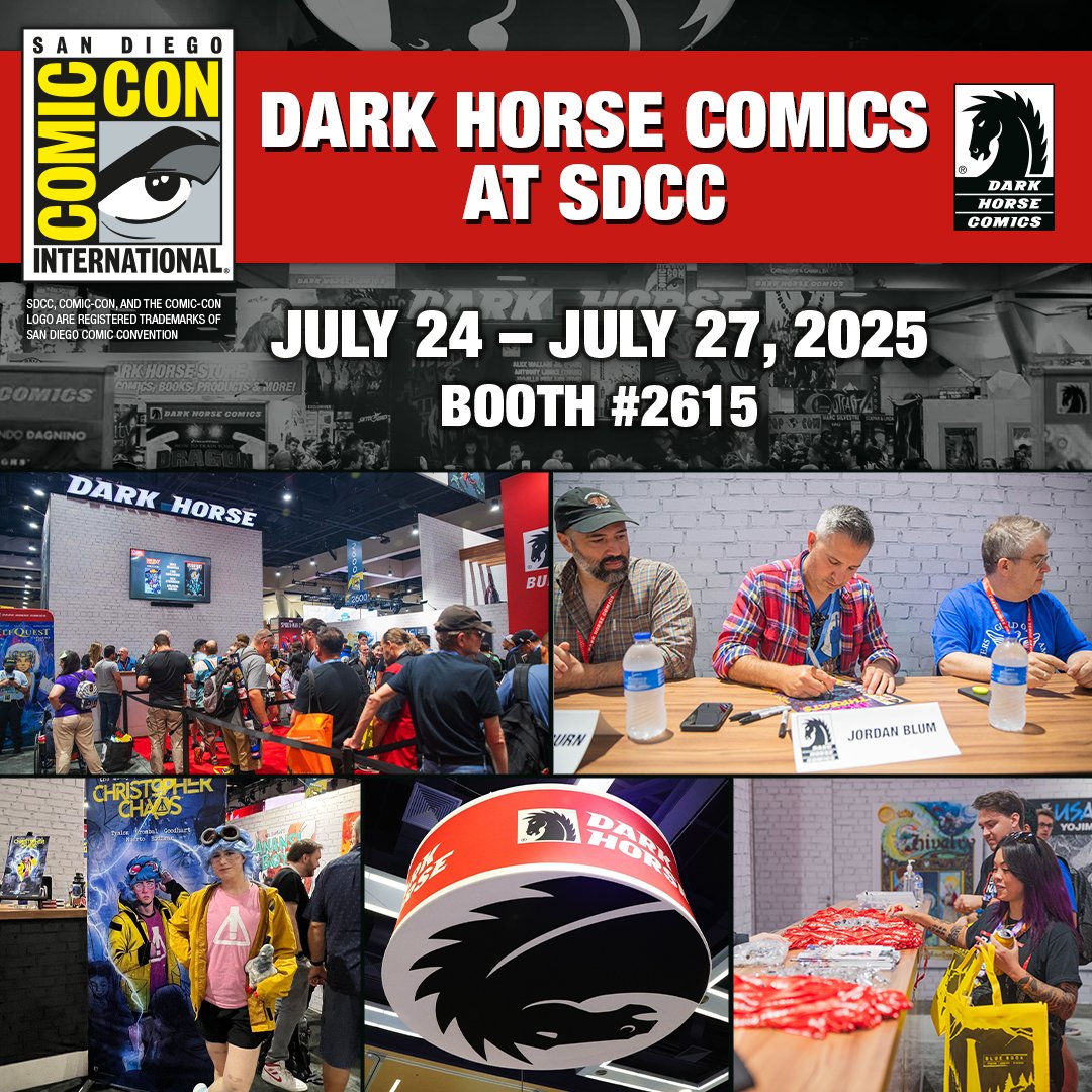 DarkHorseComics's tweet image. Our #SDCC25 signing schedule is here! Stop by the Dark Horse Comics booth #2615 to meet some of your favorite creators and get your hands on some free swag, such as comics, pins, posters, and more! Details: bit.ly/4lUh47Z
More details to come!