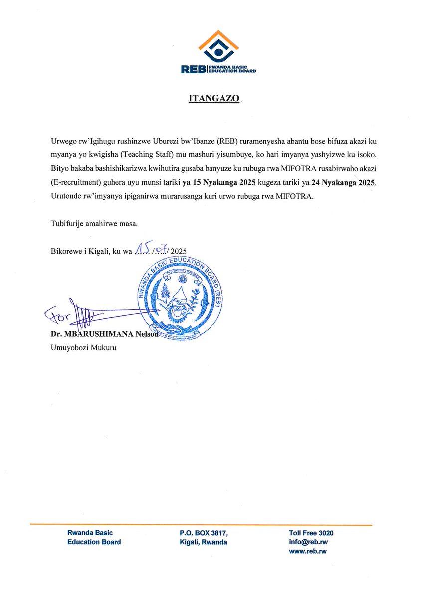 Itangazo ry'akazi. <a href="/mutezigaju/">Mutezigaju Flora, PhD</a>