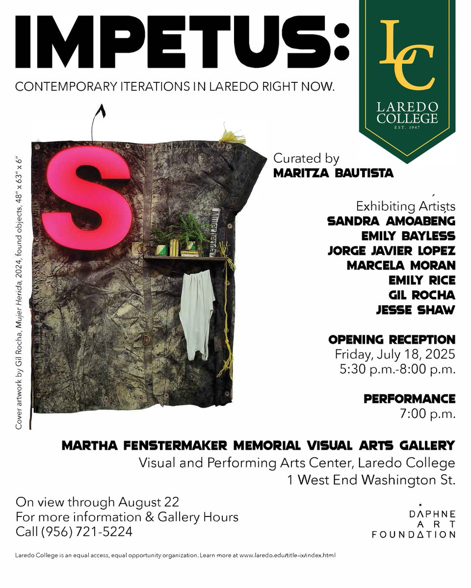 laredopalominos's tweet image. Start your weekend at LC and get inspired. ✨

“Impetus” brings together powerful voices shaping Laredo’s art scene. Join the opening reception at the Martha Fenstermaker Memorial Visual Arts Gallery on Friday, July 18, from 5:30 to 8 p.m.