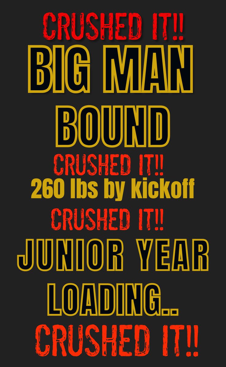 Jax2027's tweet image. BIG MAN BOUND GOAL CRUSHED!💪🏼
✅ Hard work pays off - game invites are rolling in
✅ 260lbs by kickoff - holding steady at 265lbs 6 weeks early
✅ Muscle built, not just weight gained
✅ 5,000 cals/day fueling increasing strength + speed
Junior year loading…
Jaxon Pacheco |…