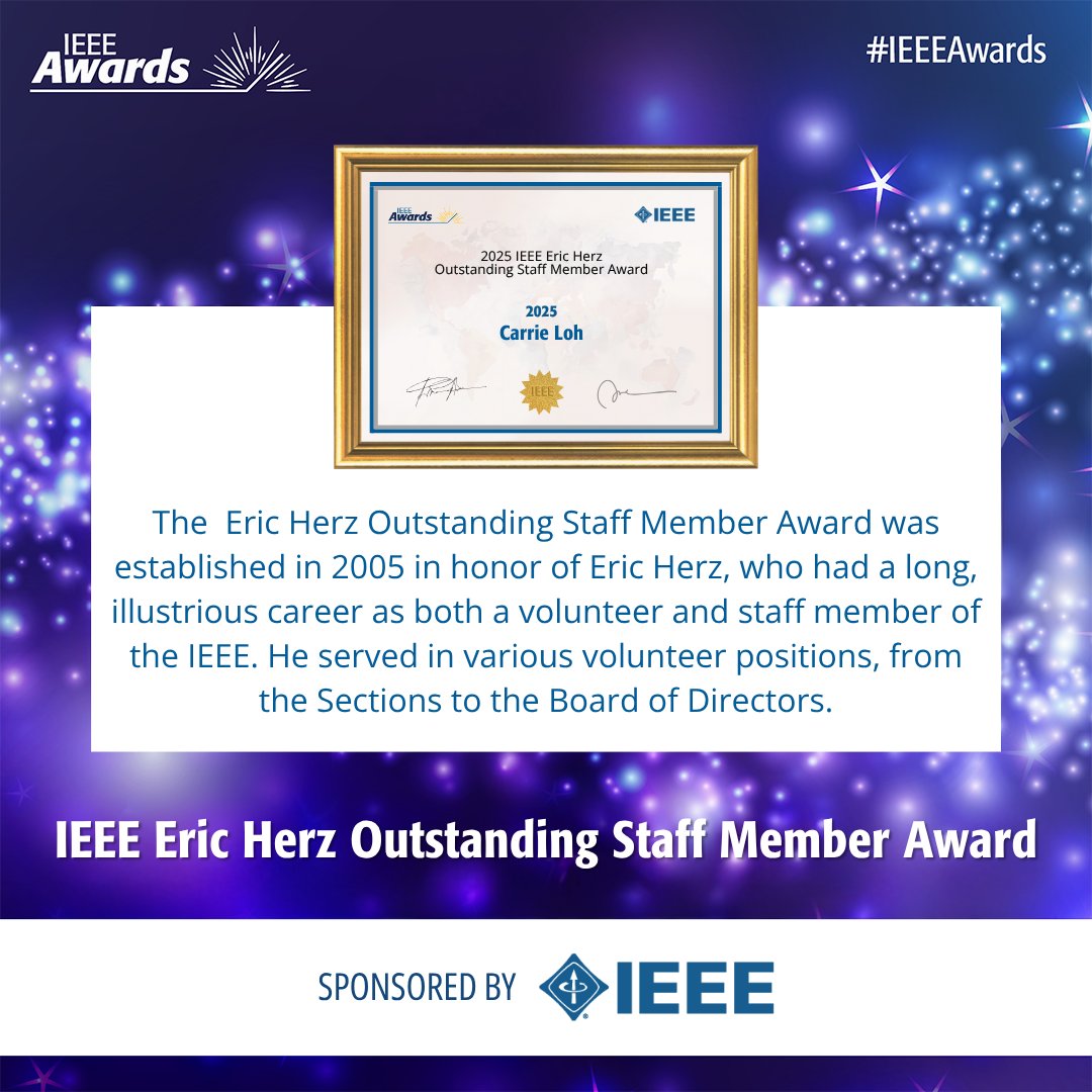 IEEEAwards's tweet image. Congratulations to Carrie Loh on her 2025 @IEEEorg Eric Herz Outstanding Staff Member Award, sponsored by #IEEE, for significant contributions to and management of the IEEE election process: bit.ly/IEEEAwards-Loh #IEEEAwards2025