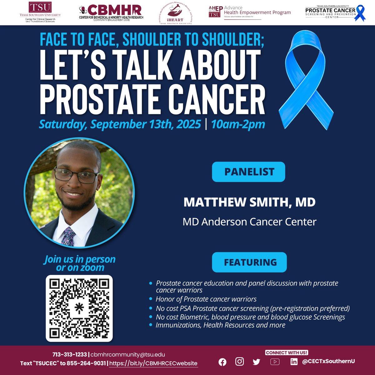 CECTxSouthernU's tweet image. Matthew Smith, MD – MD Anderson Cancer Center
Invited as a specialist in men’s health and preventive medicine.
Join us to hear his practical tools and insights September 13 in Houston.
#MenHealthMatters #SmartHealthChoices #TSUCEC