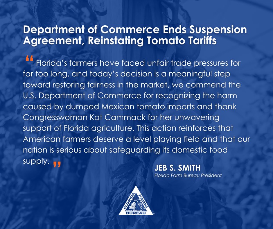 FlaFarmBureau's tweet image. Thank you, @Kat_Cammack for your leadership regarding the U.S. Department of Commerce’s termination of the 2019 Suspension Agreement on fresh tomatoes from Mexico.
Read More: loom.ly/BngVb4o