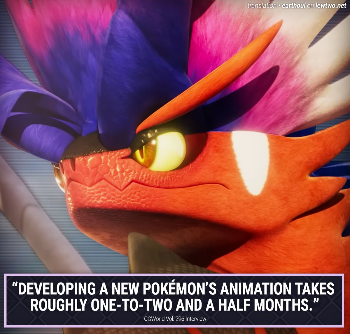 Lewchube's tweet image. We've translated a 7,000-word interview on the heruclean development behind the models of Pokémon Scarlet & Violet.
Just a single Pokémon can require up to 60 unique animations alone.