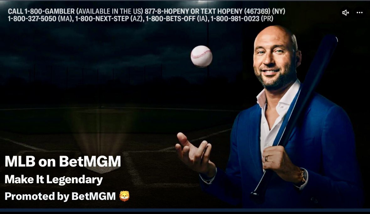 PeterKerasotis's tweet image. So disappointed in Derek Jeter. Promoting gambling. And using video clips from his playing career with his voiceover to promote it. How much money is enough that you now need to sell your soul to a gambling site? And to think that Bowie Kuhn once banned Willie Mays and Mickey…