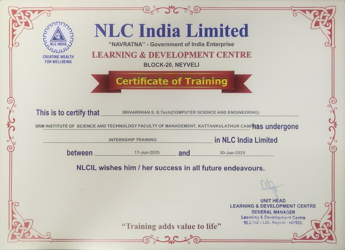 varshans30's tweet image. Wrapping up an exciting chapter! 🚀 During a 14 - day internship at NLC India Limited  developed an Annual Maintenance Review System using HTML, CSS, SQL, and Flask.

Guided by Mr. Rajan P (Chief Manager, Computer Division , NLCIL ).

#InternshipExperience #RealWorldCoding
