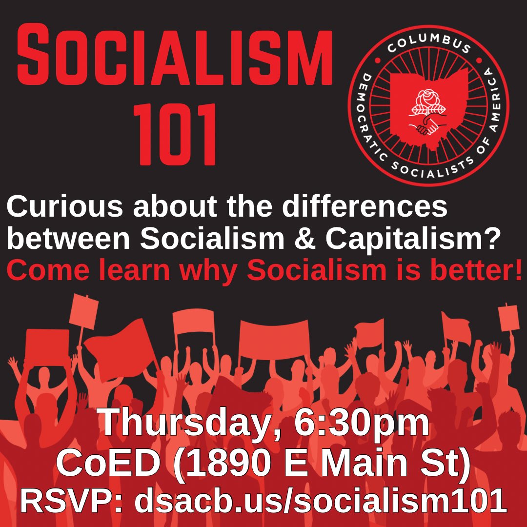 Columbus_DSA's tweet image. Zohran Mamdani’s win has a lot of people asking, “What is Socialism?” 

If this is you or you are a new DSA member, join us for Socialism 101 beginning this Thursday at 6:30pm at CoED Columbus(1890 E Main St).

RSVP: dsacb.us/socialism101
Mask required &amp;amp; provided