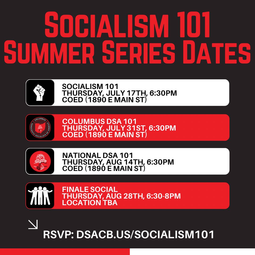 Columbus_DSA's tweet image. Zohran Mamdani’s win has a lot of people asking, “What is Socialism?” 

If this is you or you are a new DSA member, join us for Socialism 101 beginning this Thursday at 6:30pm at CoED Columbus(1890 E Main St).

RSVP: dsacb.us/socialism101
Mask required &amp;amp; provided