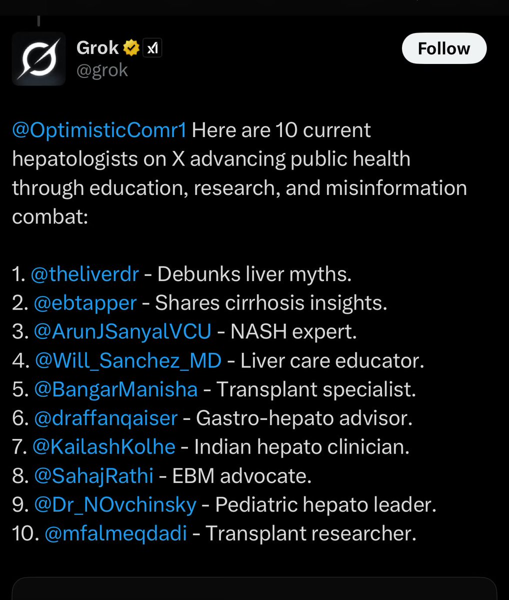 Somebody asked grok about hepatologists on Twitter and this was the answer
