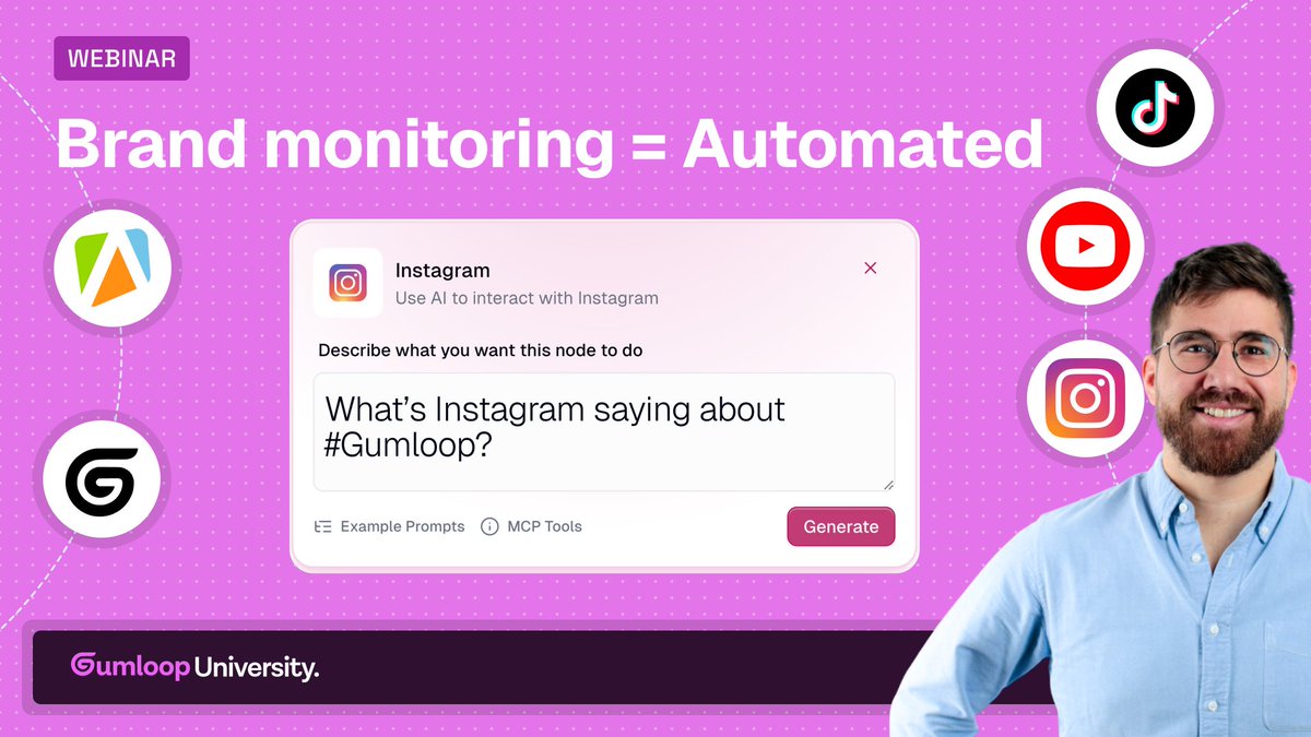 Keeping the partnerships rolling: tomorrow <a href="/aronkor/">Aron Korenblit</a> will show you how to use <a href="/apify/">Apify</a> actors directly in Gumloop to monitor Youtube, Tiktok, Instagram, Google maps.

✅ Get content ideas
✅ Monitor your brand (or competitors)
✅ All included in Gumloop