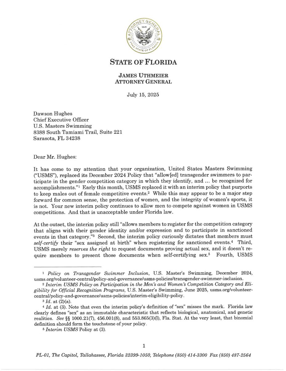 AGJamesUthmeier's tweet image. Today, we put U.S. Masters Swimming on notice: Allowing men in women's swimming competitions is unlawful in Florida.
Fix the policy, or there will be consequences.