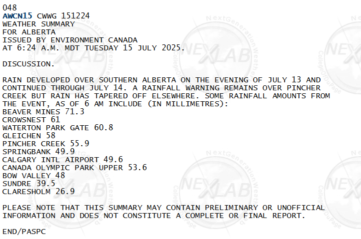 CTVdavidspence's tweet image. Rainfall totals for #Alberta from July 13 and 14. From ECCC. #abstorm
