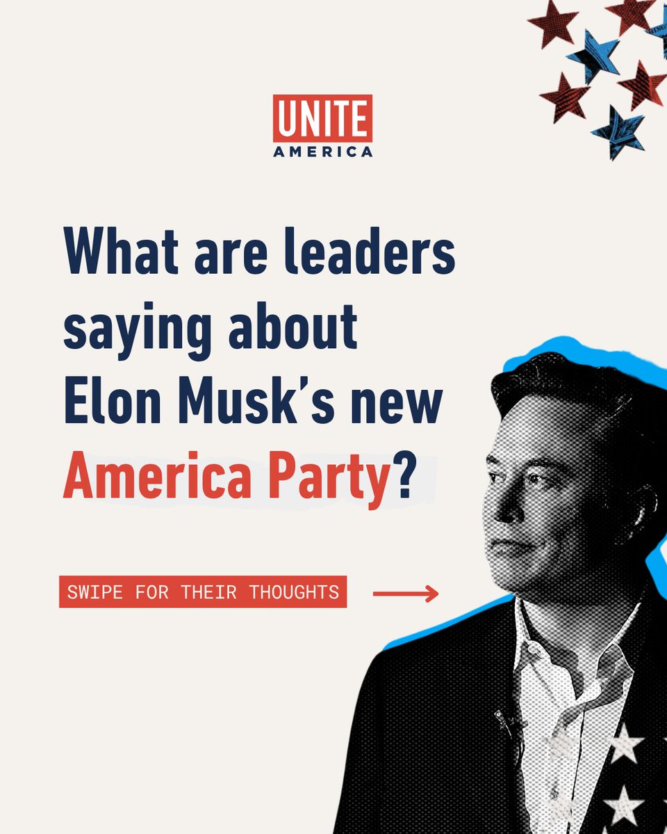 uniteamerica's tweet image. .@ElonMusk's announcement of the #AmericaParty reflects a growing frustration many Americans feel with our polarized political system.
While Musk’s desire to represent "the 80% in the middle" resonates with many, creating another political party will likely only go so far to…